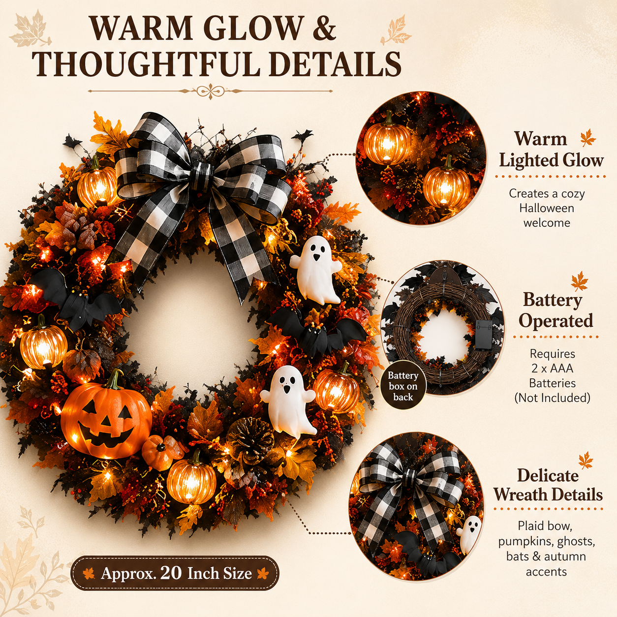 20 Inch Lighted Halloween Fall Wreath Warm - Spooky-Cute Charm for Your Front Door 🎃👻