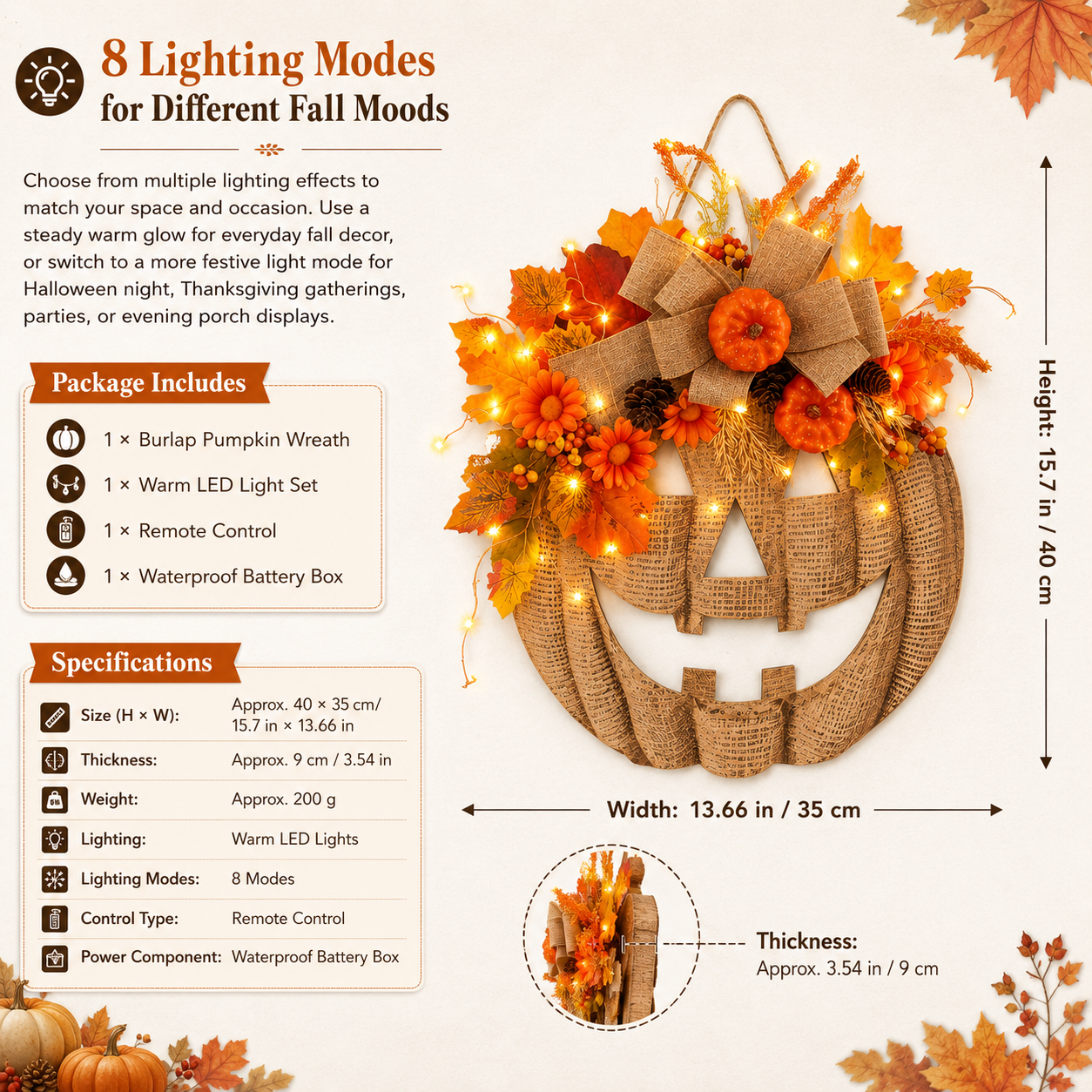 15.7in(H)× 13.66 in(w）Lighted Burlap Pumpkin Wreath with Remote Control 🎃✨
