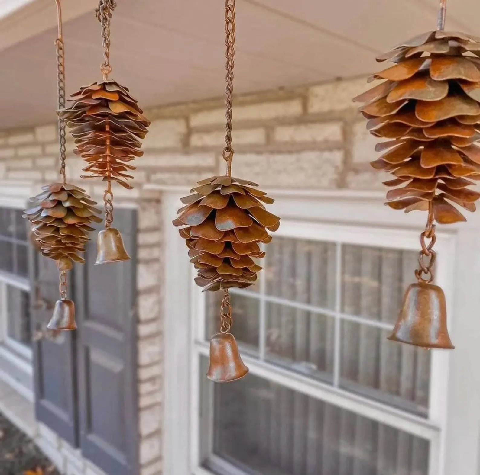 Handmade Metal Pinecone Chime with Bell – Artisan-Crafted Rustic Hanging Decor (11")