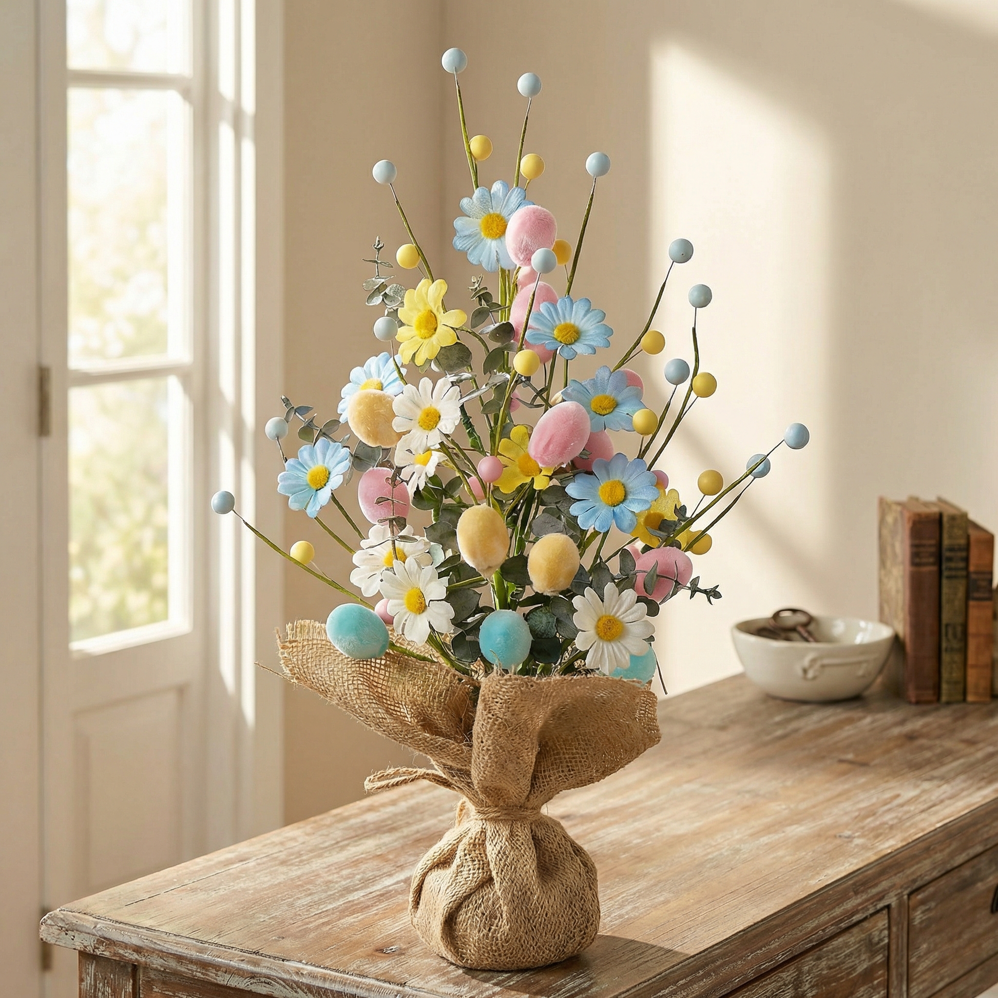 Easter Table Tree Decoration, Artificial Easter Egg Tree with Burlap Base,