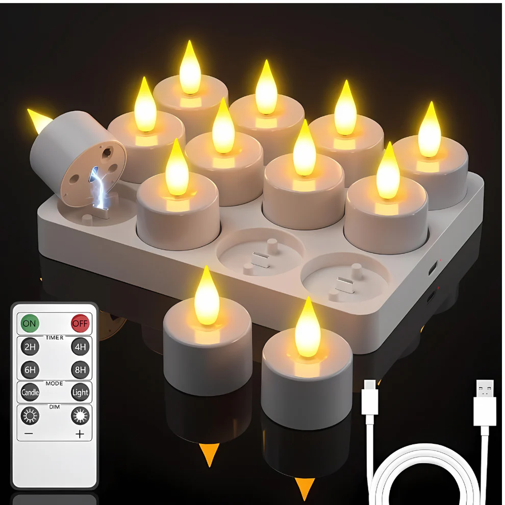 12 Pcs Rechargeable Tea Lights with Remote Timer and Charging Base