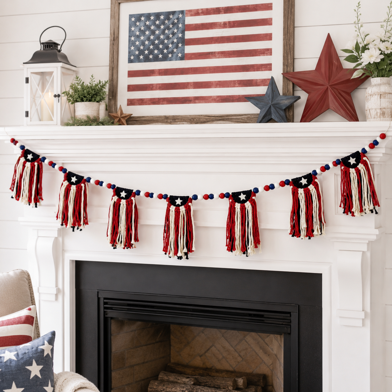 Patriotic 4th of July Garland with Wooden Bead Star Decorations
