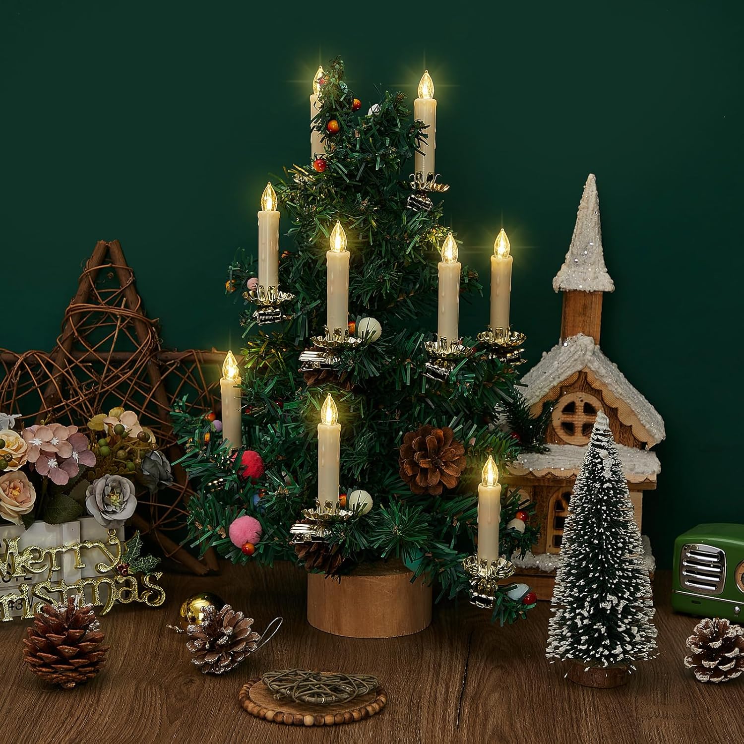 10 LED Taper Flameless Candles with Remote Timer and 10 Flower Shape Gold Metal Christmas Tree Holder Clip