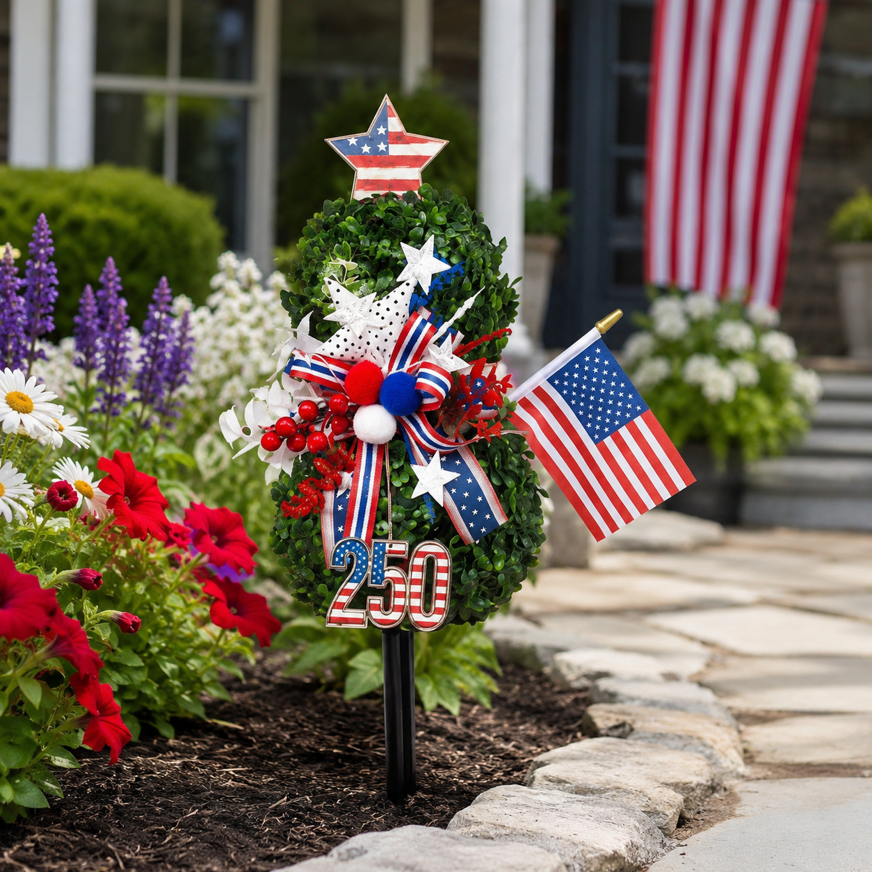4th of July Artificial Boxwood Topiary with USA Bow, Mini American Flag & Star Topper
