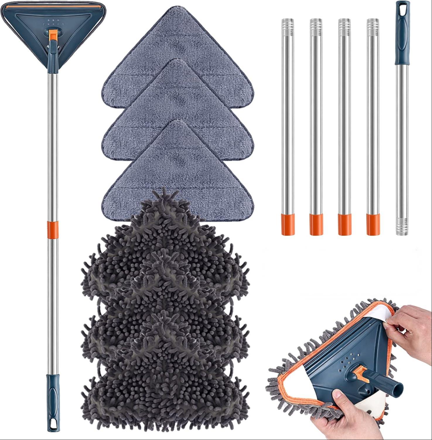 80" Wall Cleaner Long Handle Mop with 6PCS Replacement Pads(3 microfiber pads, 3 chenille pads)