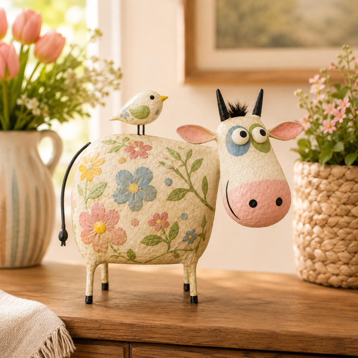 9.1"W × 7.5"H × 2.8"D Mabel & Birdie Whimsical Cow Resin Sculpture