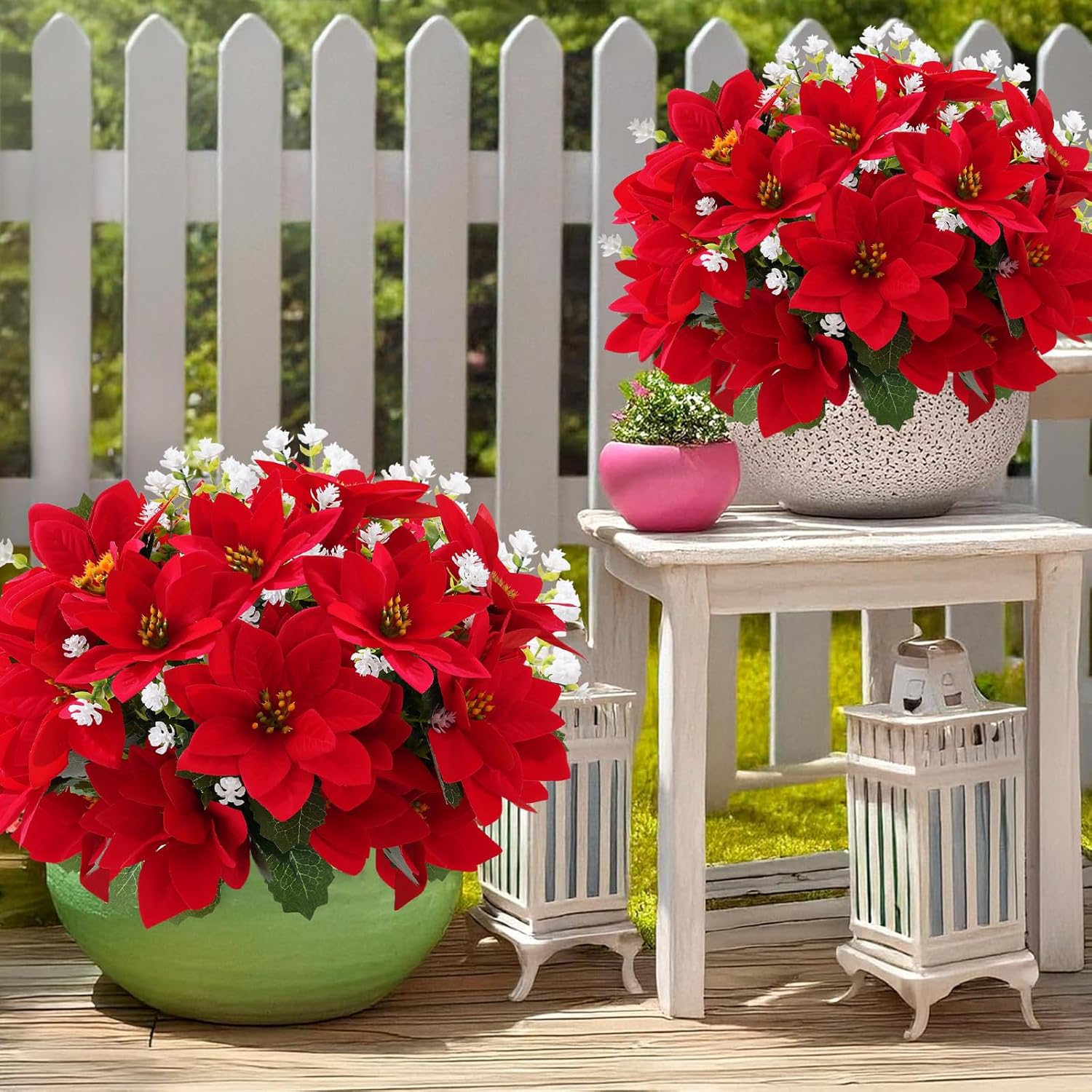 Artificial Christmas Poinsettia Flowers and fake eucalyptus white flower, for Outdoor Planters,Garden,Porch,Patio,Home Winter Decor - UV resistant, Waterproof, Windproof
