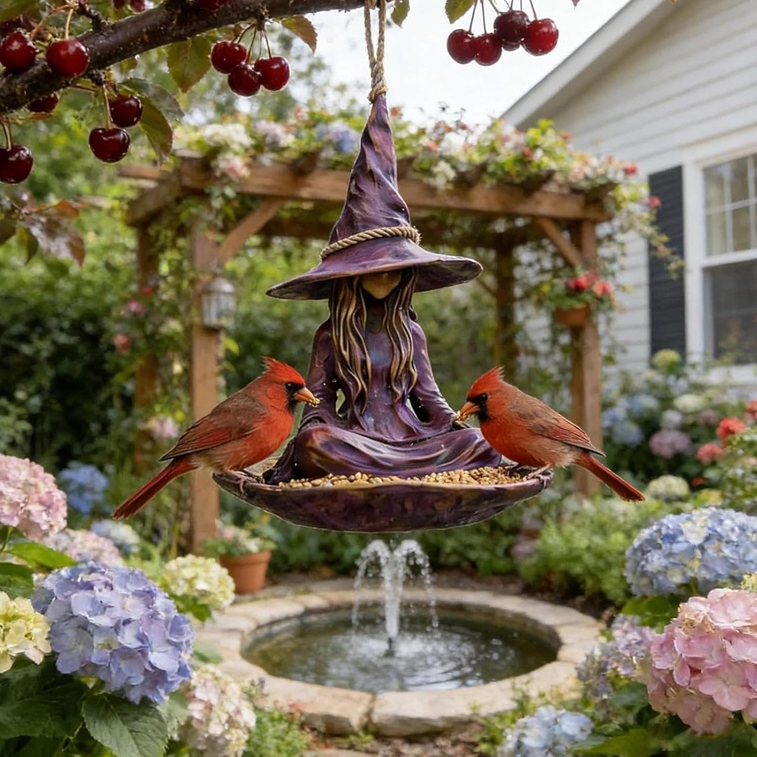 Meditating Witch Bird Feeder – Weather-Resistant Hanging Garden Decor for Bird Lovers