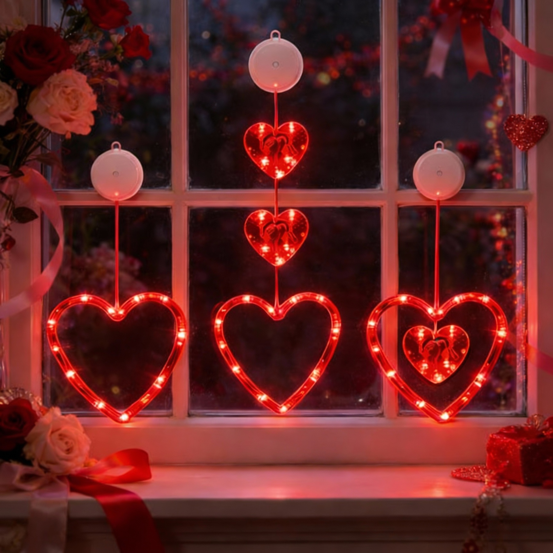 3Packs LED Heart Window Hanging Lights – Romantic Valentine Decoration