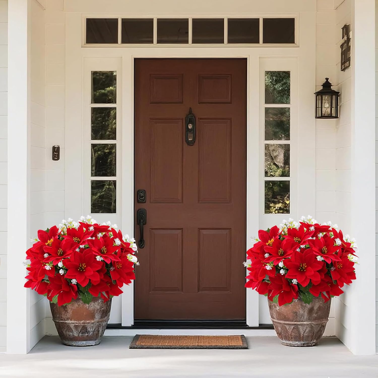 Artificial Christmas Poinsettia Flowers and fake eucalyptus white flower, for Outdoor Planters,Garden,Porch,Patio,Home Winter Decor - UV resistant, Waterproof, Windproof