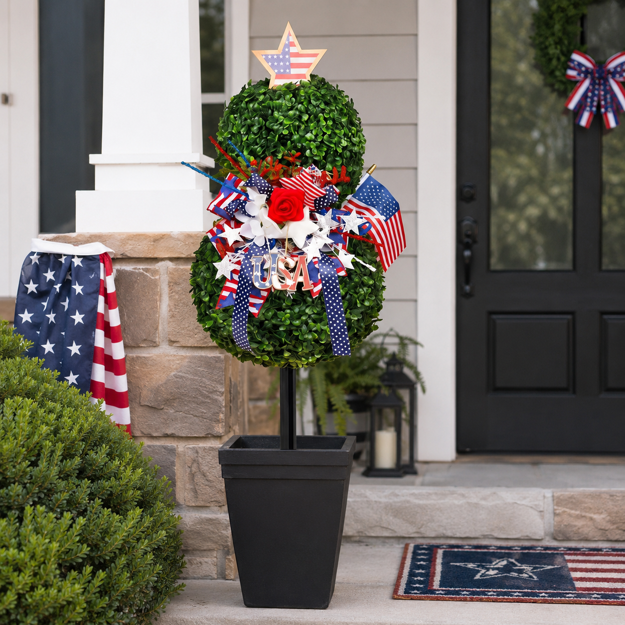 4th of July Artificial Boxwood Topiary with USA Bow, Mini American Flag & Star Topper