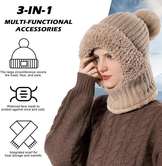 Women's Winter Warm Fleece Knitted Hat and Scarf 