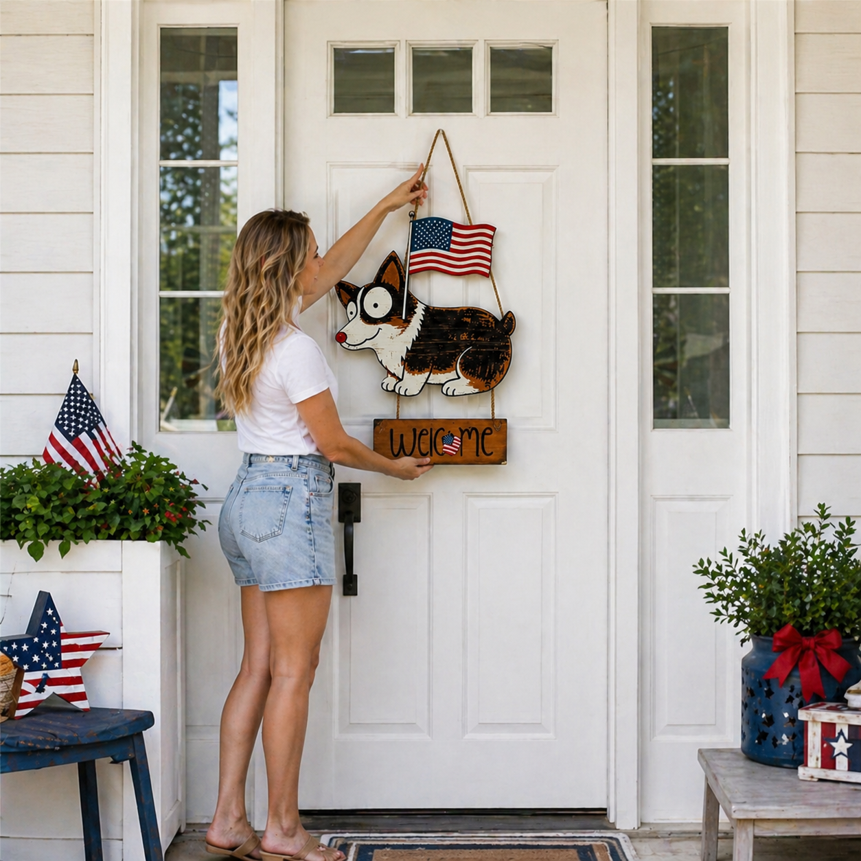 Wooden American Flag Dog Porch Sign for Front Door