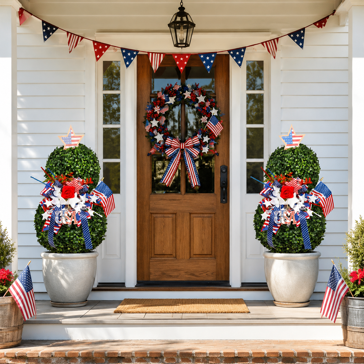 4th of July Artificial Boxwood Topiary with USA Bow, Mini American Flag & Star Topper