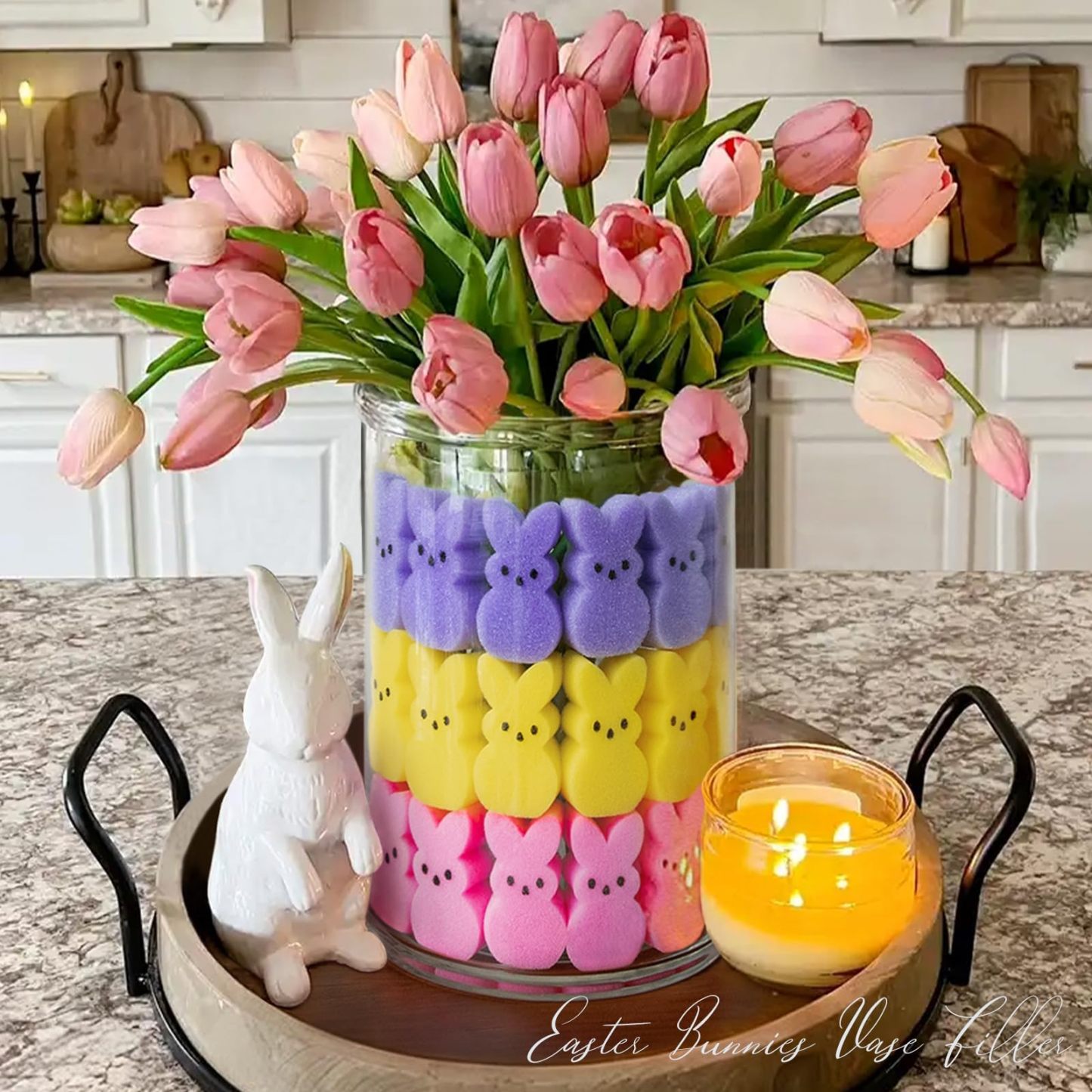 Artificial Tulips Flowers, Real Touch Latex Bouquet with Easter Sponge Bunny Vase Fillers– Spring Tabletop Decor Set