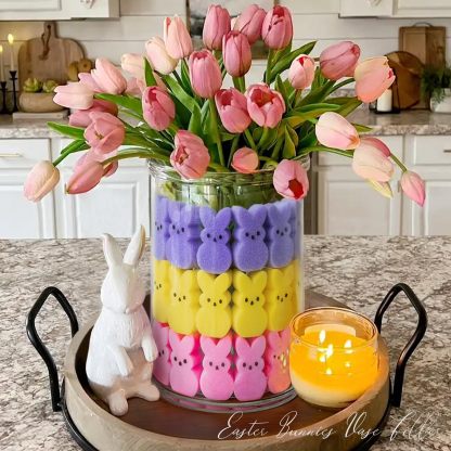 Artificial Tulips Flowers, Real Touch Latex Bouquet with Easter Sponge Bunny Vase Fillers– Spring Tabletop Decor Set