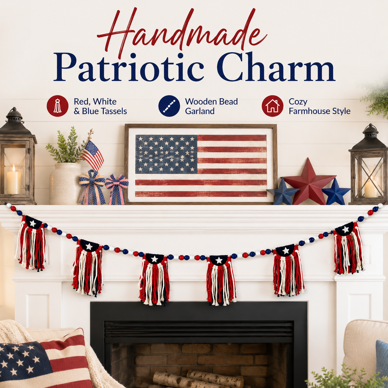 Patriotic 4th of July Garland with Wooden Bead Star Decorations