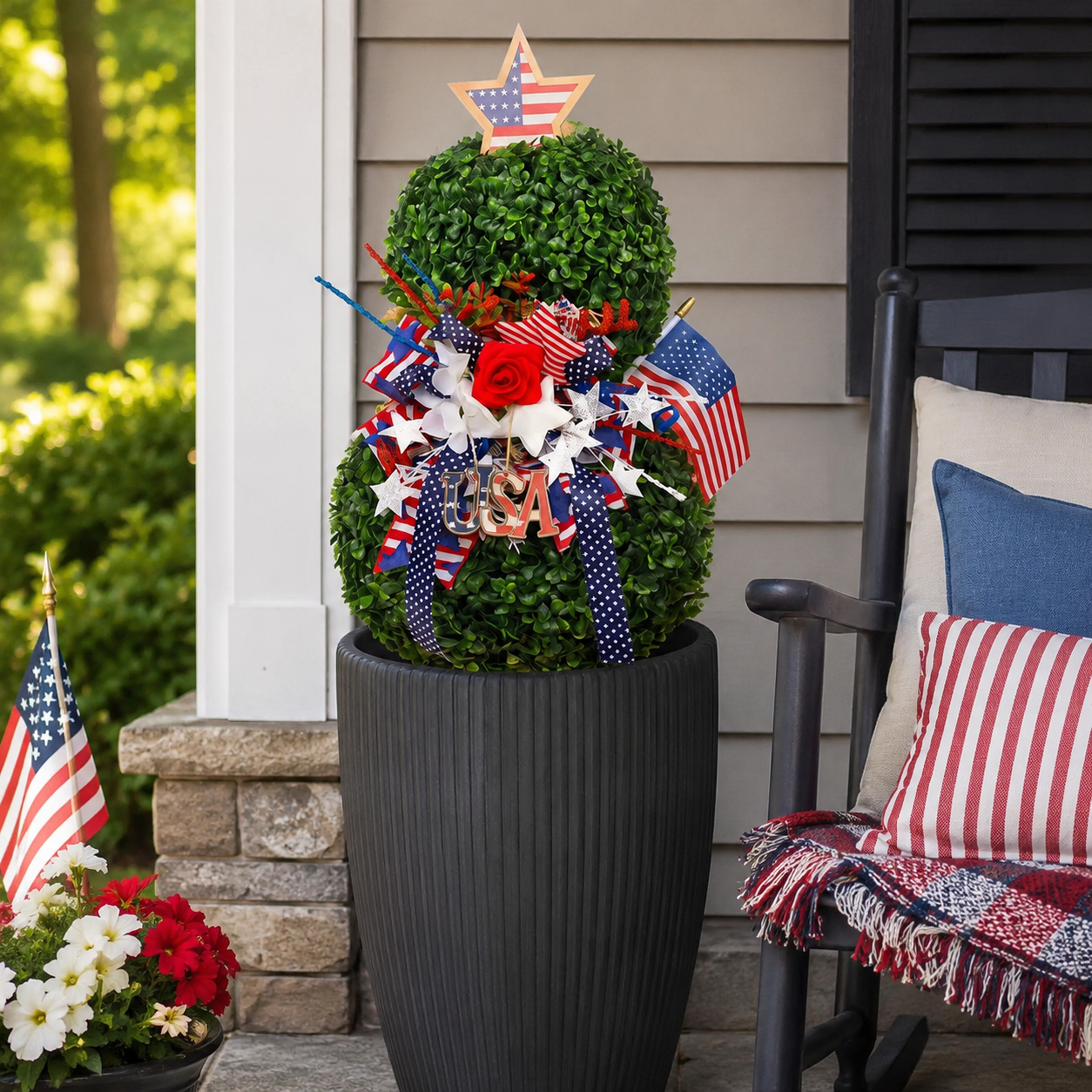 4th of July Artificial Boxwood Topiary with USA Bow, Mini American Flag & Star Topper