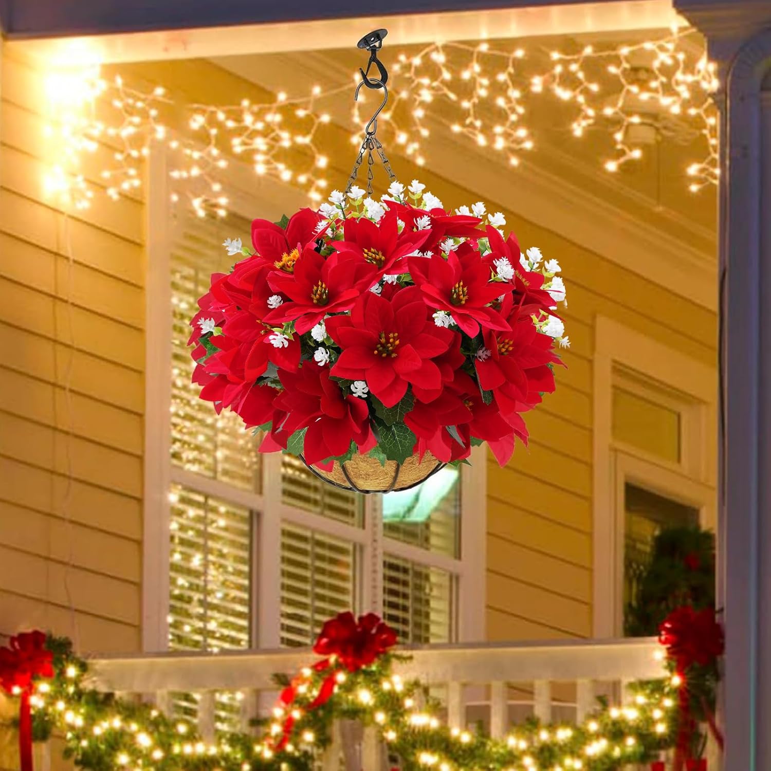 Artificial Christmas Poinsettia Flowers and fake eucalyptus white flower, for Outdoor Planters,Garden,Porch,Patio,Home Winter Decor - UV resistant, Waterproof, Windproof