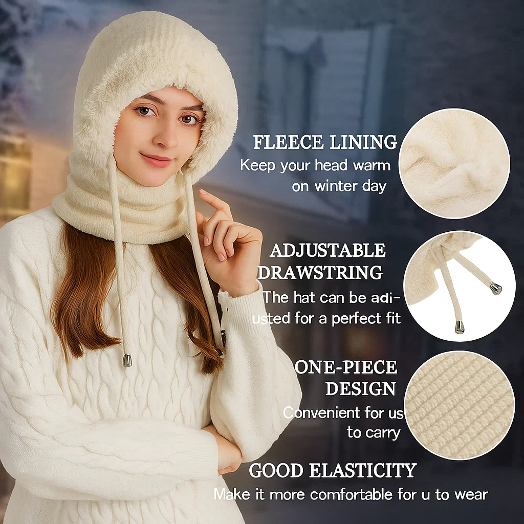 Women's 3-in-1 Winter Beanie Hat with Ear Flaps, Neck Warmer & Face Mask 