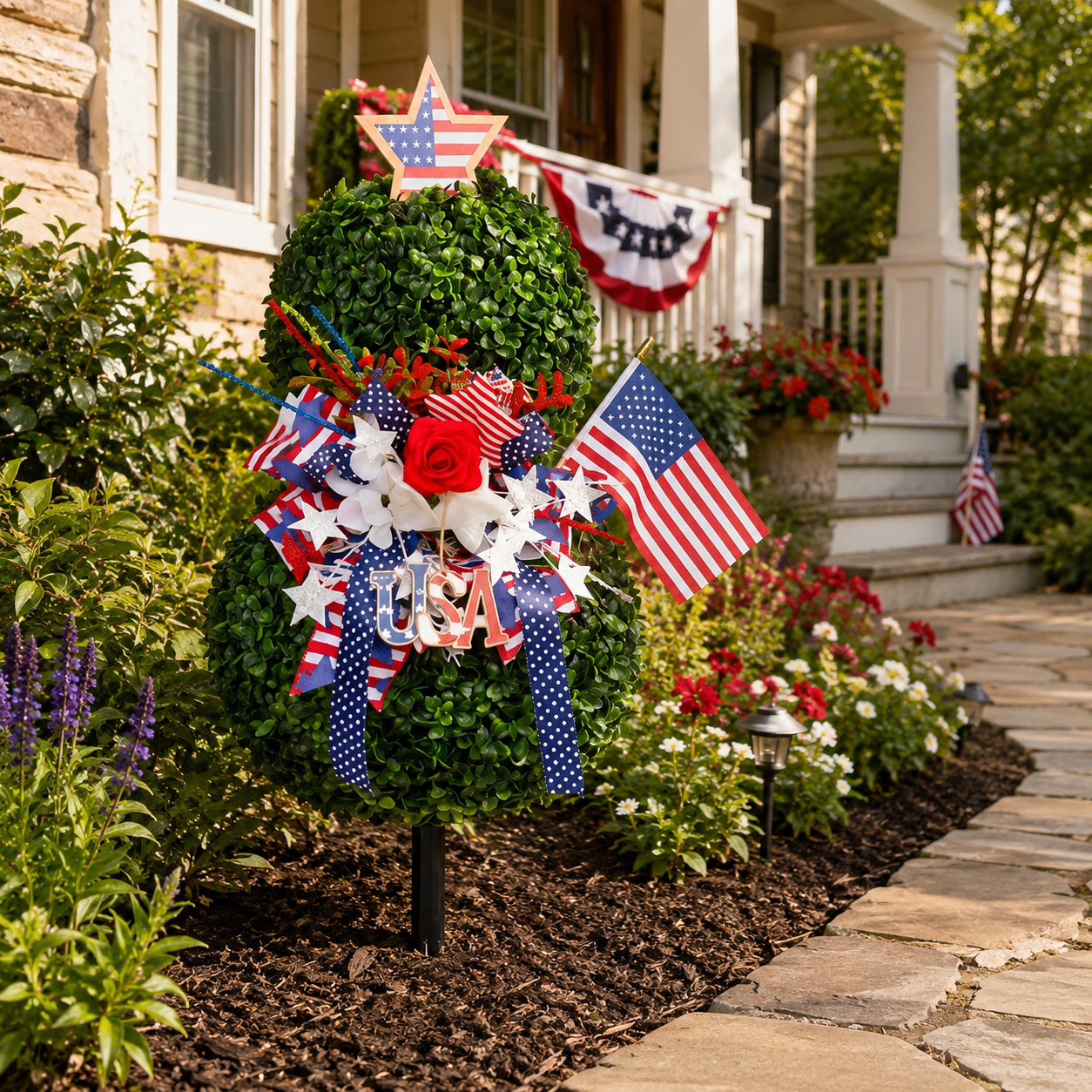 4th of July Artificial Boxwood Topiary with USA Bow, Mini American Flag & Star Topper