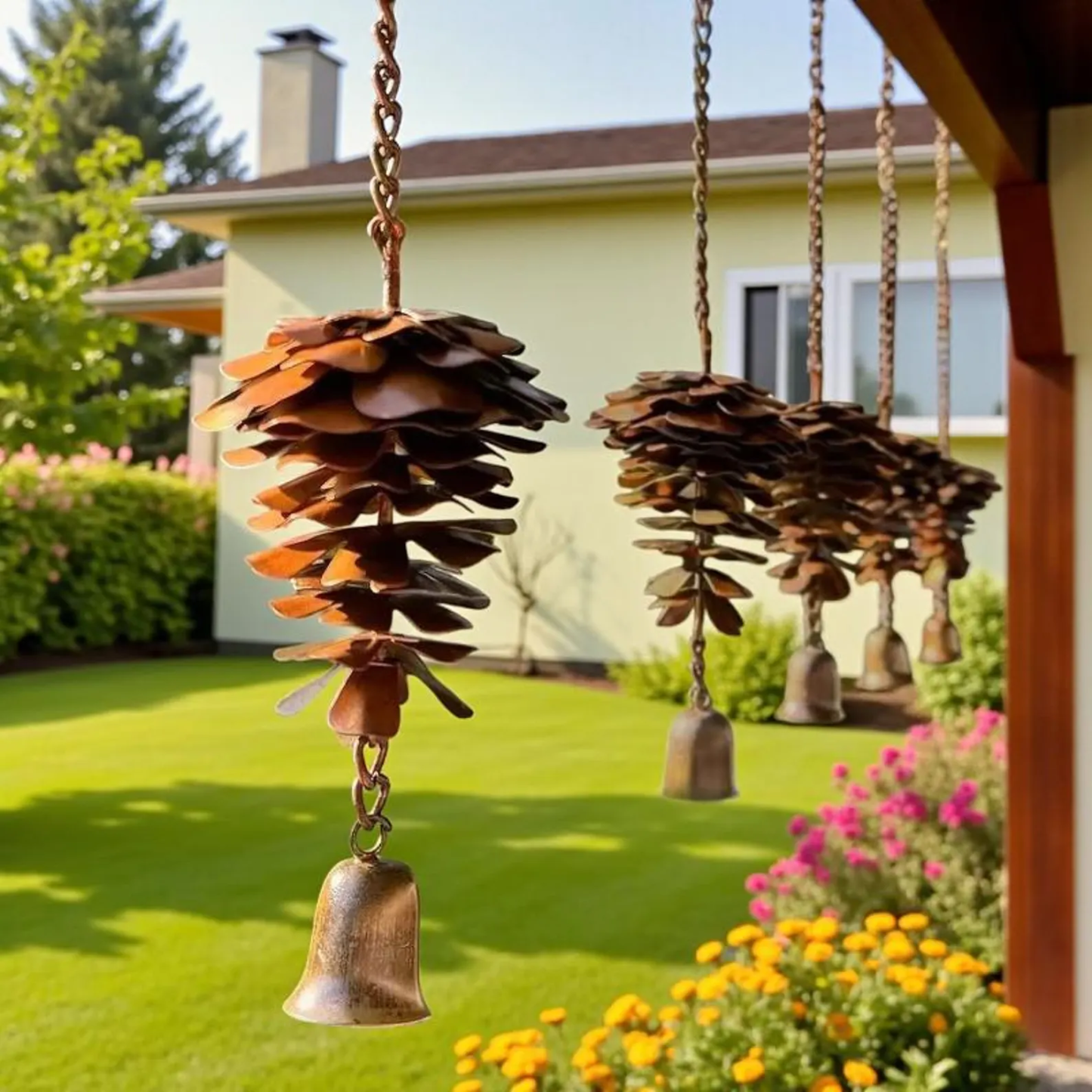 Handmade Metal Pinecone Chime with Bell – Artisan-Crafted Rustic Hanging Decor (11")