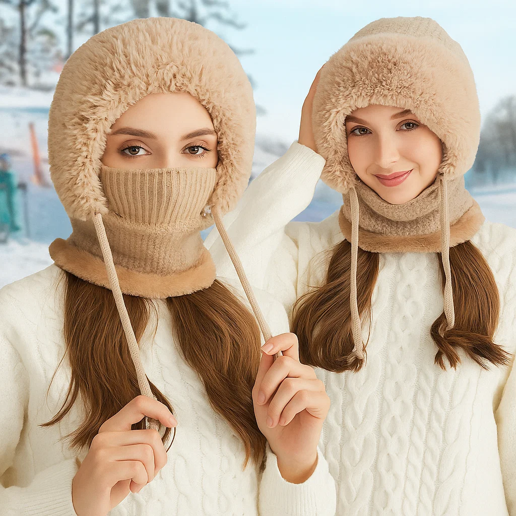 Women's 3-in-1 Winter Beanie Hat with Ear Flaps, Neck Warmer & Face Mask 