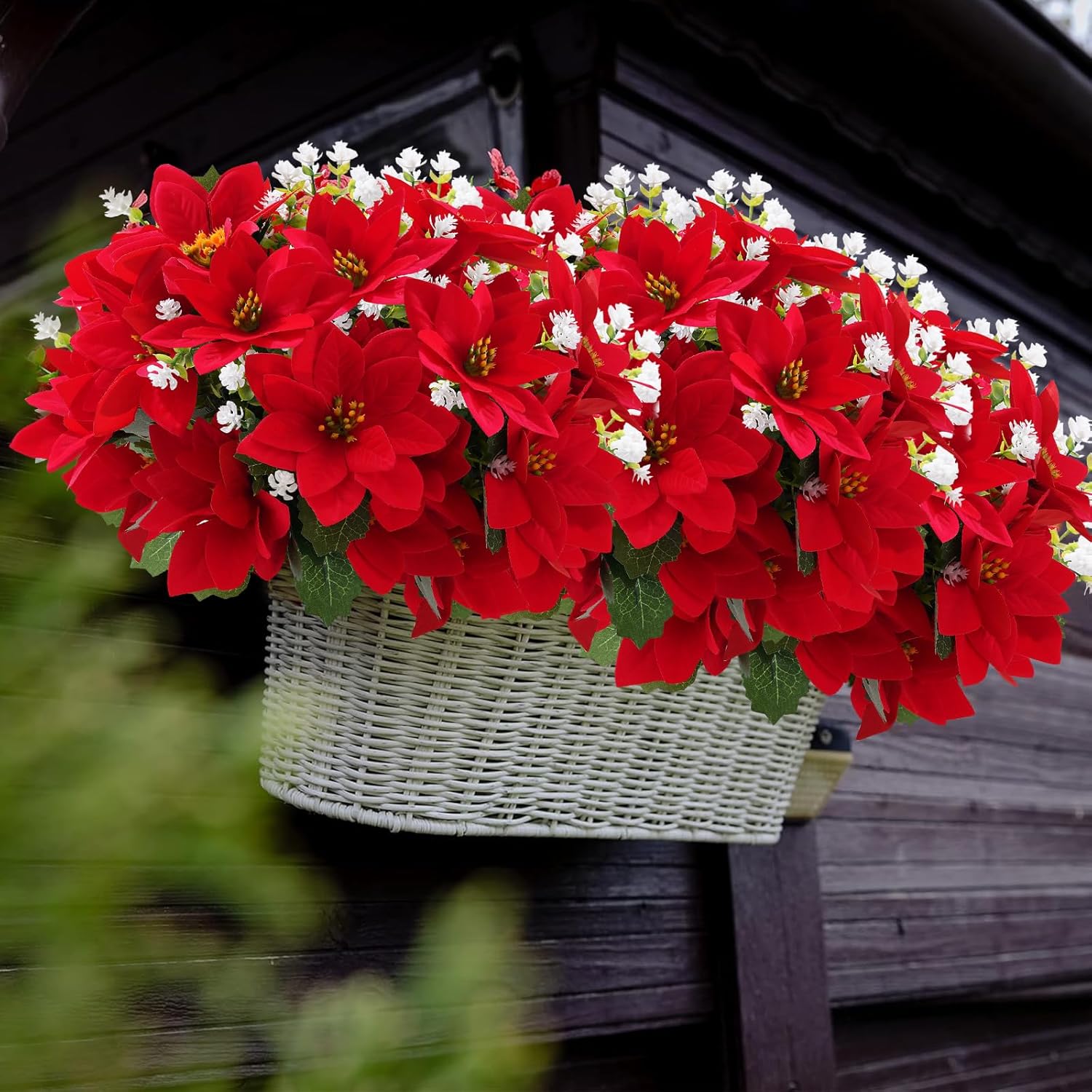 Artificial Christmas Poinsettia Flowers and fake eucalyptus white flower, for Outdoor Planters,Garden,Porch,Patio,Home Winter Decor - UV resistant, Waterproof, Windproof