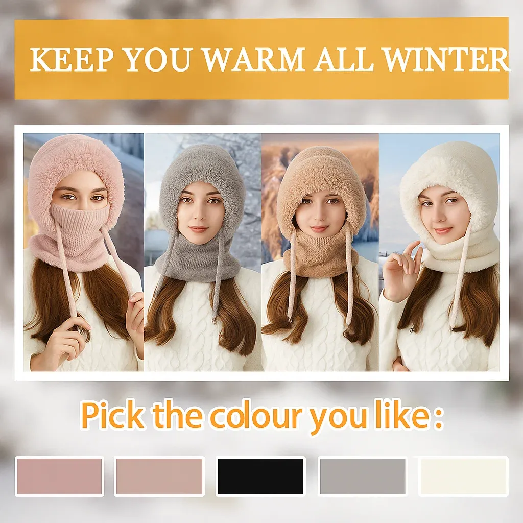 Women's 3-in-1 Winter Beanie Hat with Ear Flaps, Neck Warmer & Face Mask 