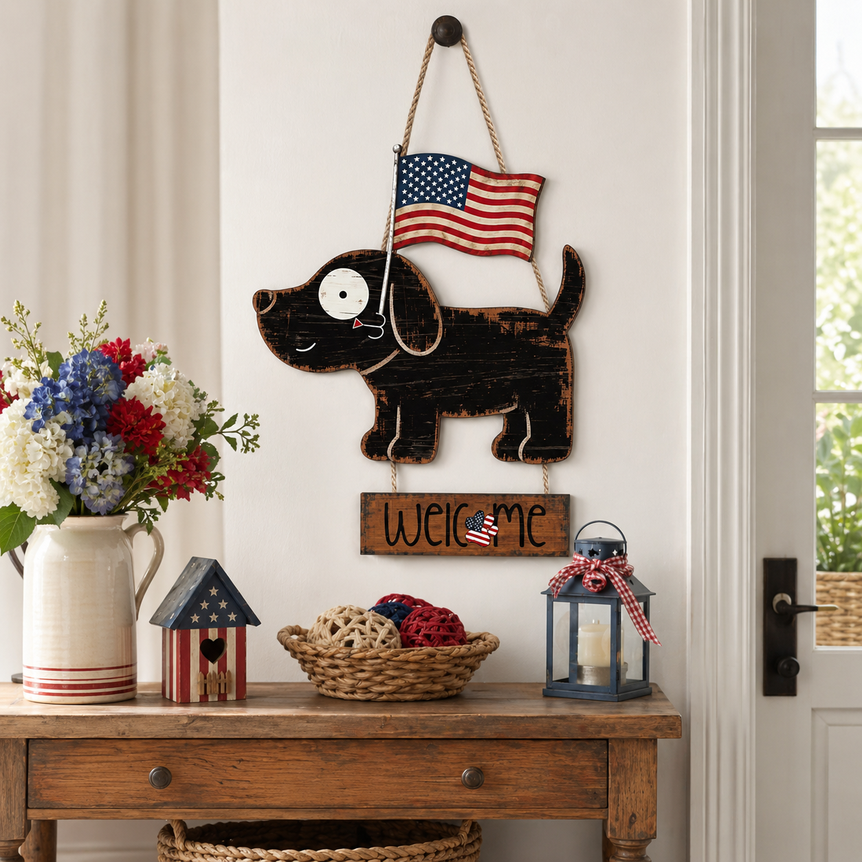 Wooden American Flag Dog Porch Sign for Front Door