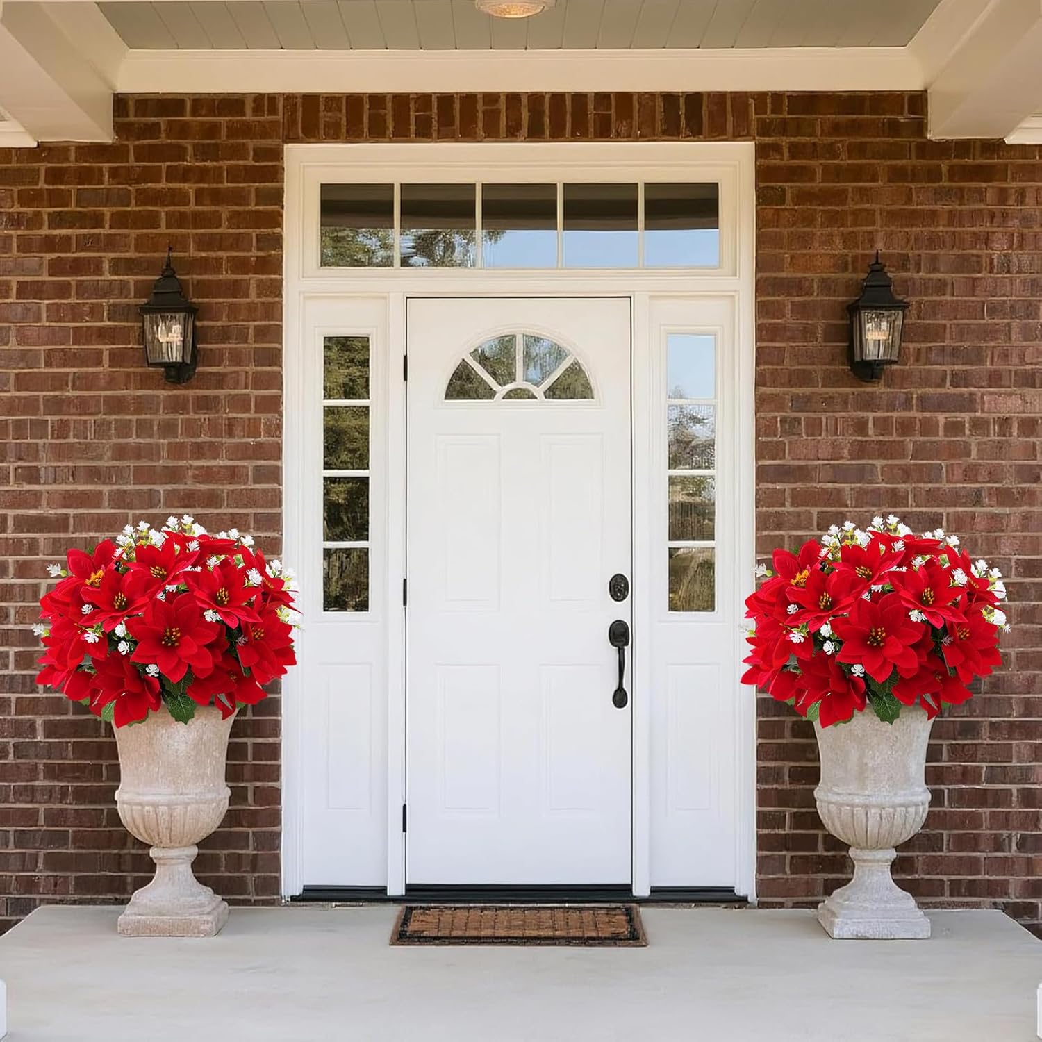 Artificial Christmas Poinsettia Flowers and fake eucalyptus white flower, for Outdoor Planters,Garden,Porch,Patio,Home Winter Decor - UV resistant, Waterproof, Windproof
