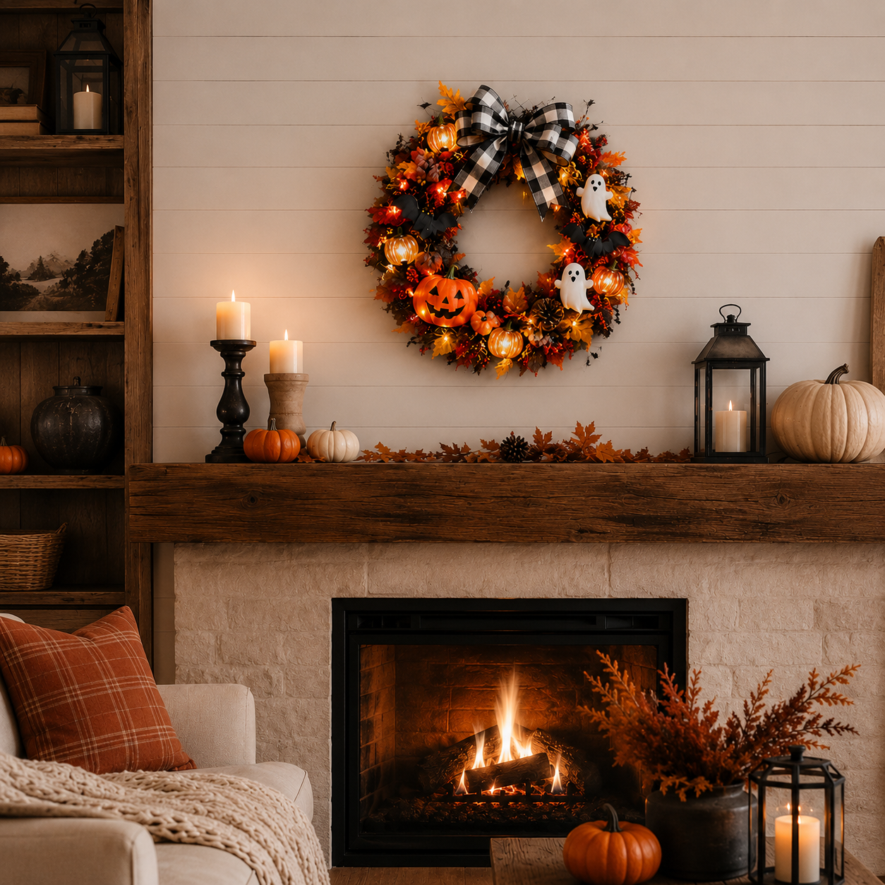 20 Inch Lighted Halloween Fall Wreath Warm - Spooky-Cute Charm for Your Front Door 🎃👻