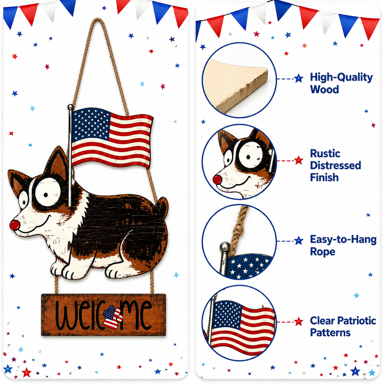 Wooden American Flag Dog Porch Sign for Front Door