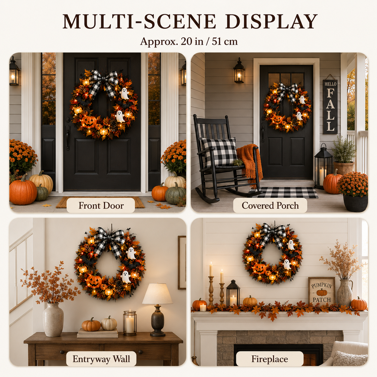 20 Inch Lighted Halloween Fall Wreath Warm - Spooky-Cute Charm for Your Front Door 🎃👻