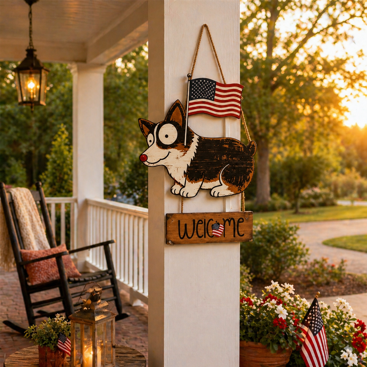 Wooden American Flag Dog Porch Sign for Front Door