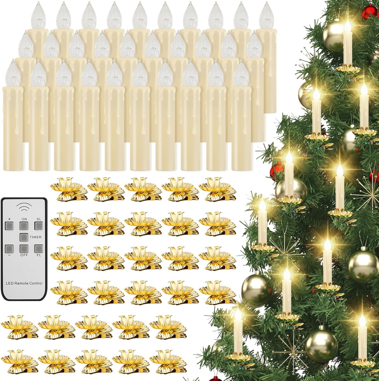 10 LED Taper Flameless Candles with Remote Timer and 10 Flower Shape Gold Metal Christmas Tree Holder Clip