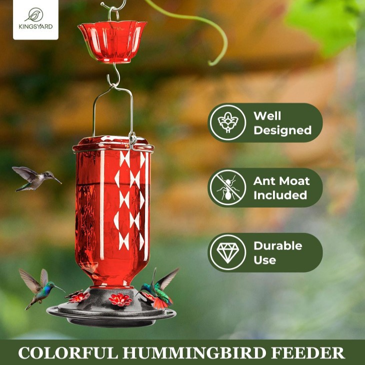 🔥HOT SALE 50% OFF🔥 Outdoors Leak Proof Base Glass Hummingbird Feeder with Ant ,Moat Bee Proof ,6 Feeding Ports 🐦