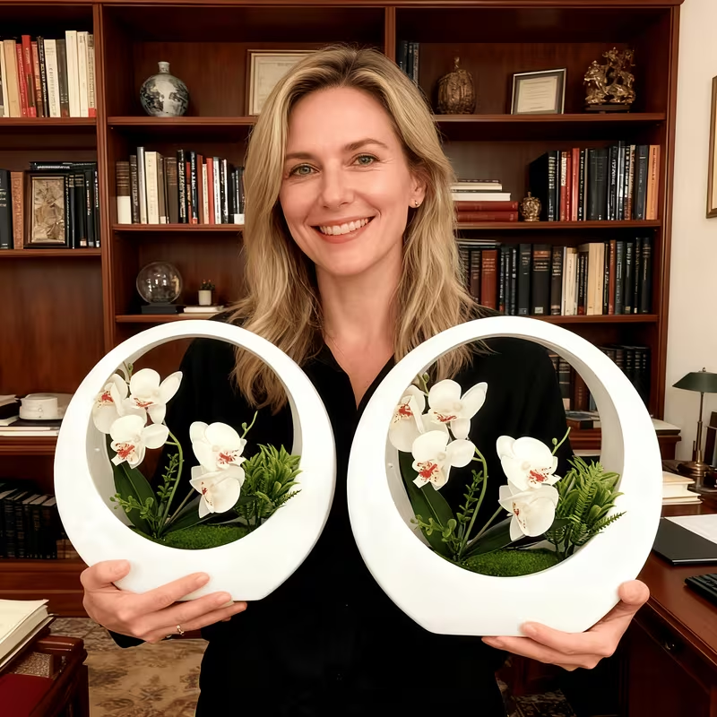 Faux Phalaenopsis Orchid in White Moon Planter – Elegant Artificial Flower Decor