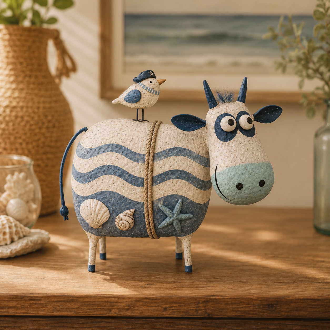 9.1"W × 7.5"H × 2.8"D Mabel & Birdie Whimsical Cow Resin Sculpture