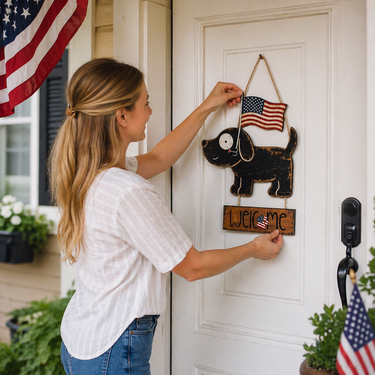 Wooden American Flag Dog Porch Sign for Front Door