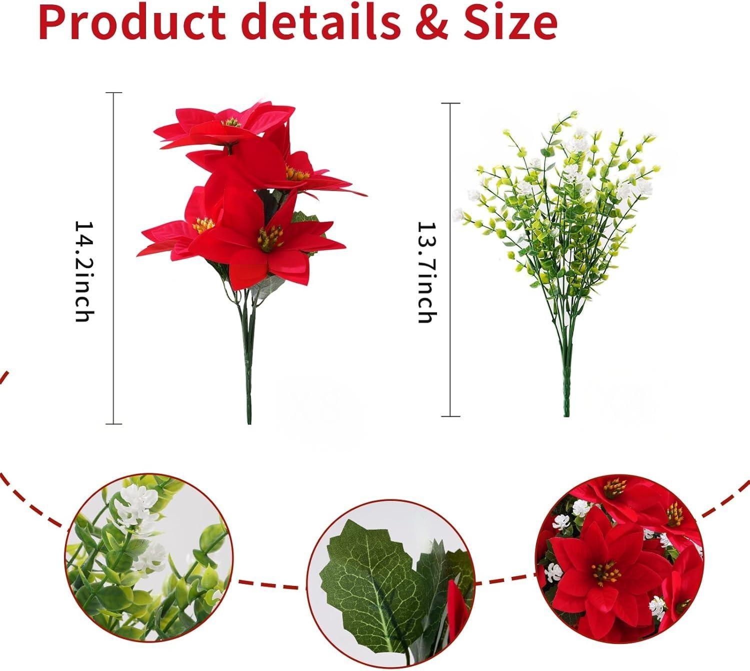 Artificial Christmas Poinsettia Flowers and fake eucalyptus white flower, for Outdoor Planters,Garden,Porch,Patio,Home Winter Decor - UV resistant, Waterproof, Windproof
