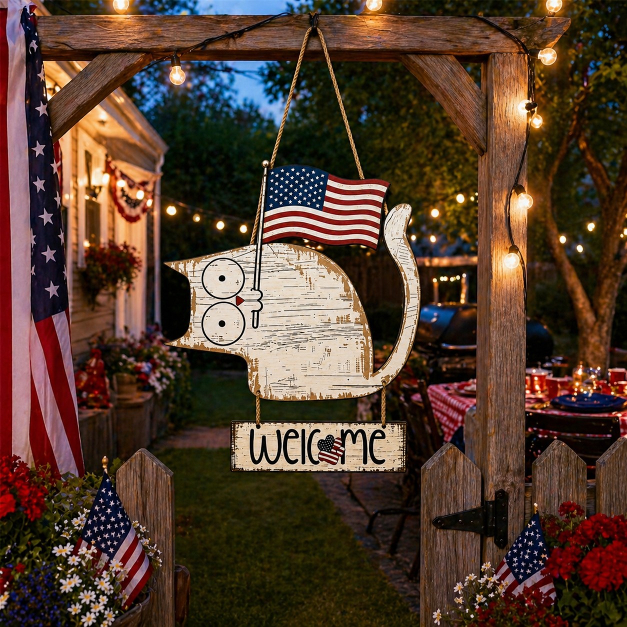 Patriotic Cat Welcome Sign Wooden Hanging Decor