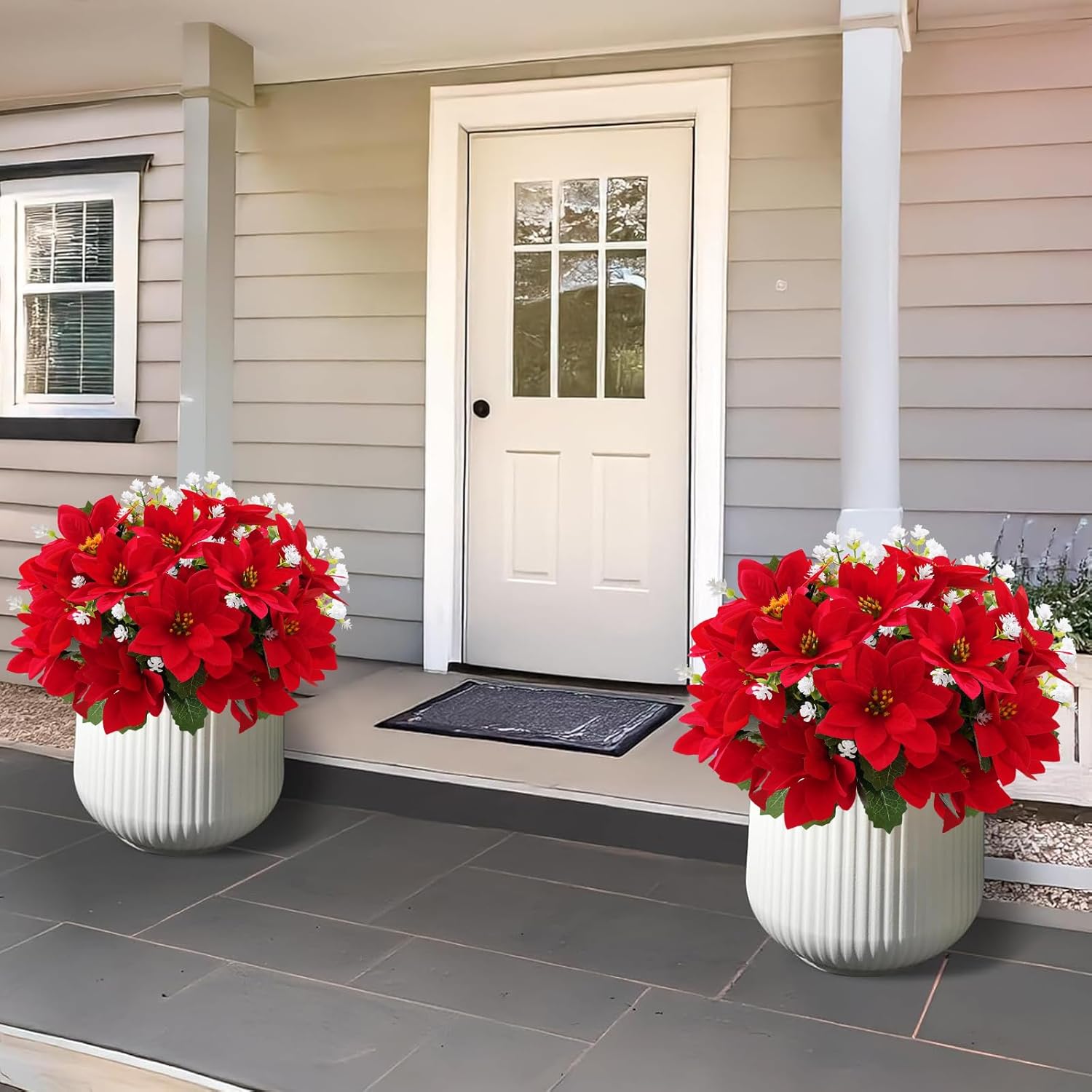 Artificial Christmas Poinsettia Flowers and fake eucalyptus white flower, for Outdoor Planters,Garden,Porch,Patio,Home Winter Decor - UV resistant, Waterproof, Windproof