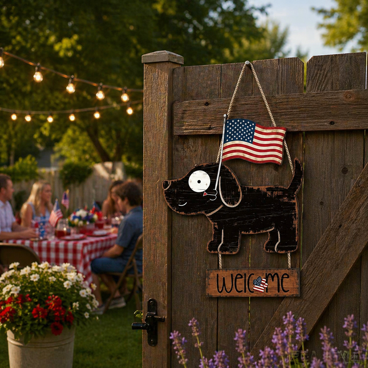 Wooden American Flag Dog Porch Sign for Front Door