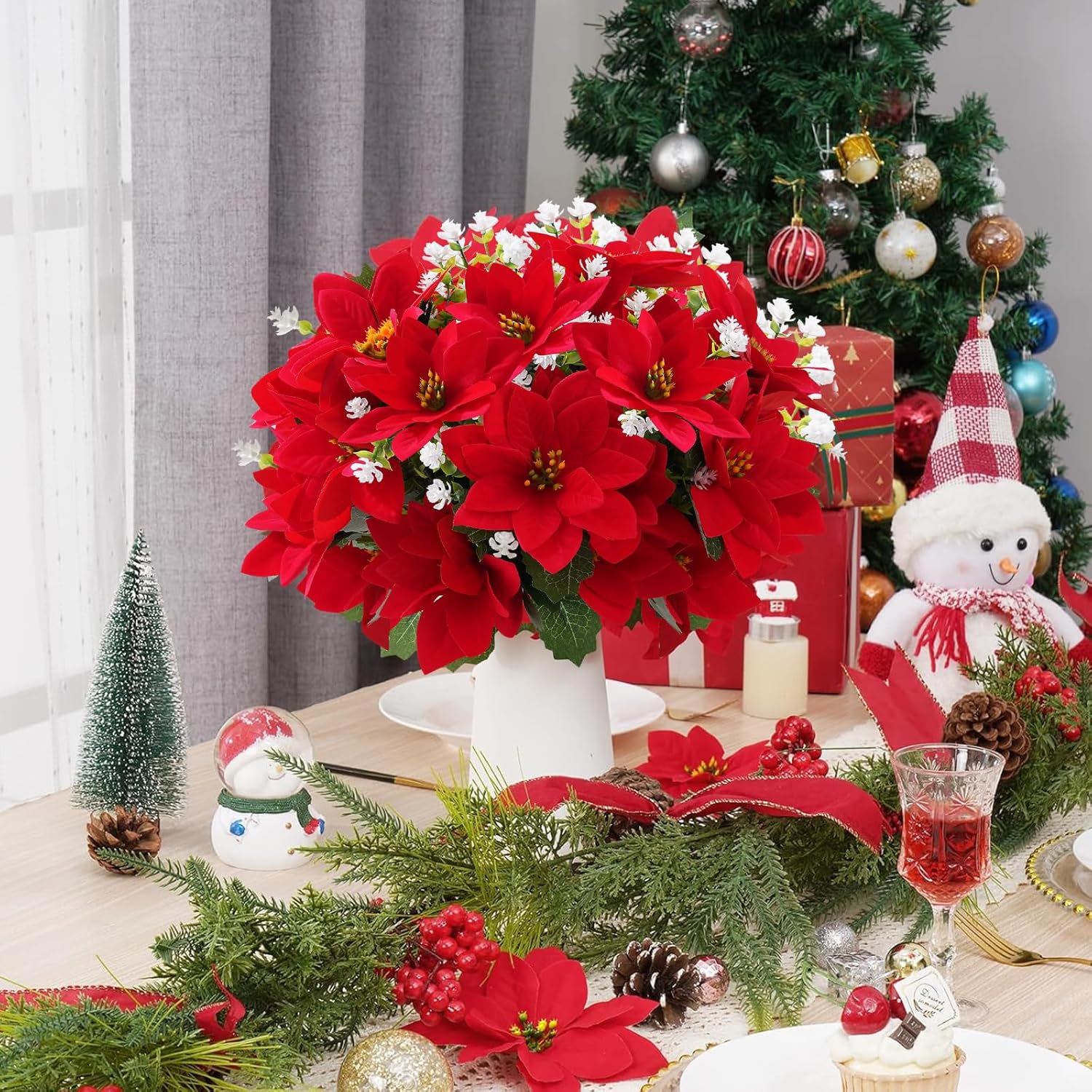 Artificial Christmas Poinsettia Flowers and fake eucalyptus white flower, for Outdoor Planters,Garden,Porch,Patio,Home Winter Decor - UV resistant, Waterproof, Windproof