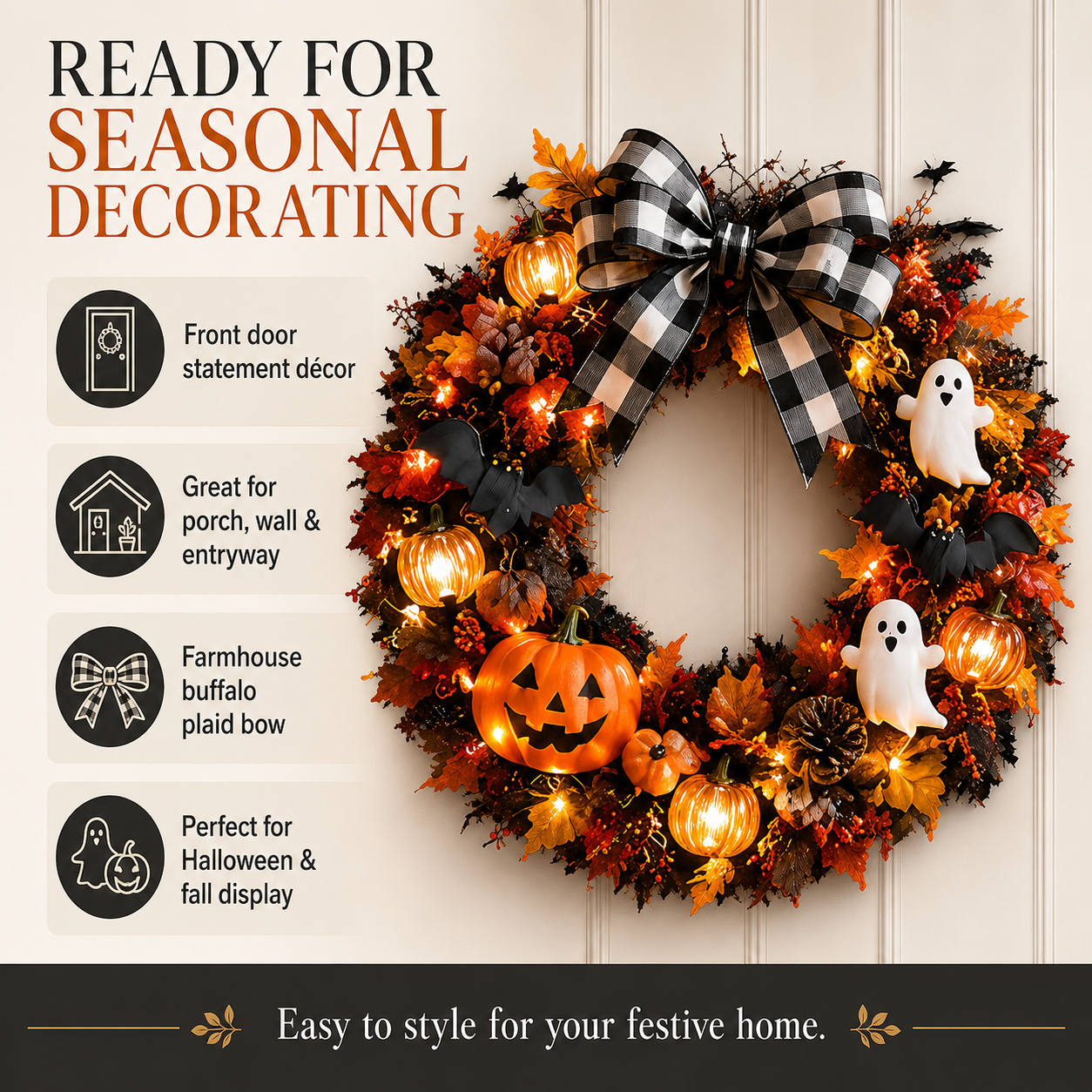 20 Inch Lighted Halloween Fall Wreath Warm - Spooky-Cute Charm for Your Front Door 🎃👻