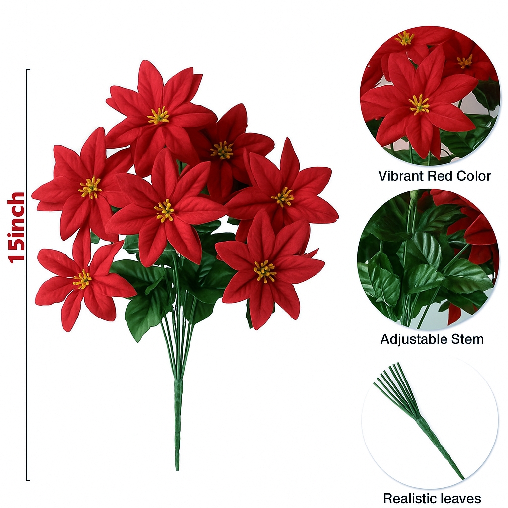 7 Heads Artificial Poinsettia Bouquet (5 Pack) - UV resistant, Waterproof, Windproof