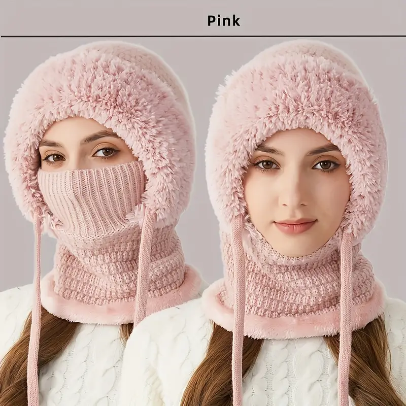 Women's 3-in-1 Winter Beanie Hat with Ear Flaps, Neck Warmer & Face Mask 