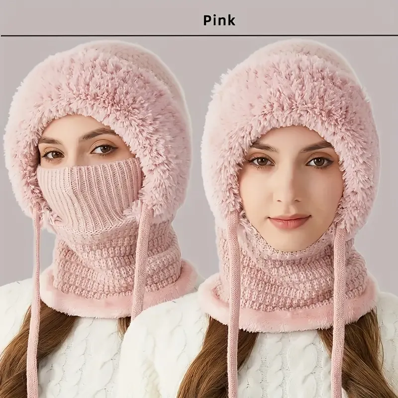 Women's 3-in-1 Winter Beanie Hat with Ear Flaps, Neck Warmer & Face Mask 