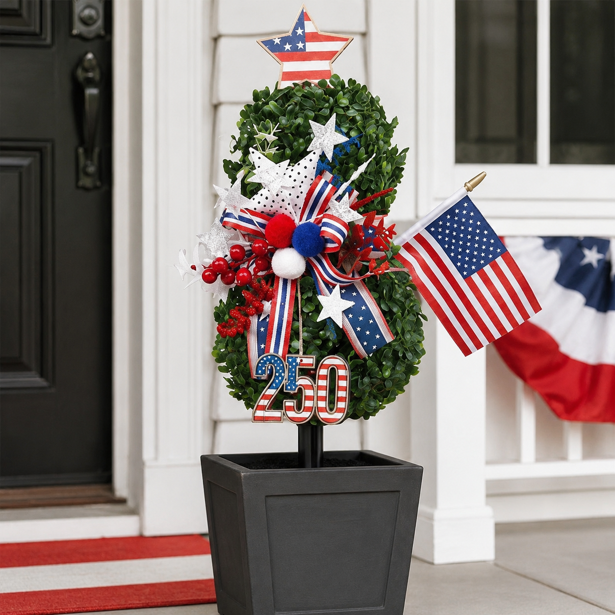4th of July Artificial Boxwood Topiary with USA Bow, Mini American Flag & Star Topper